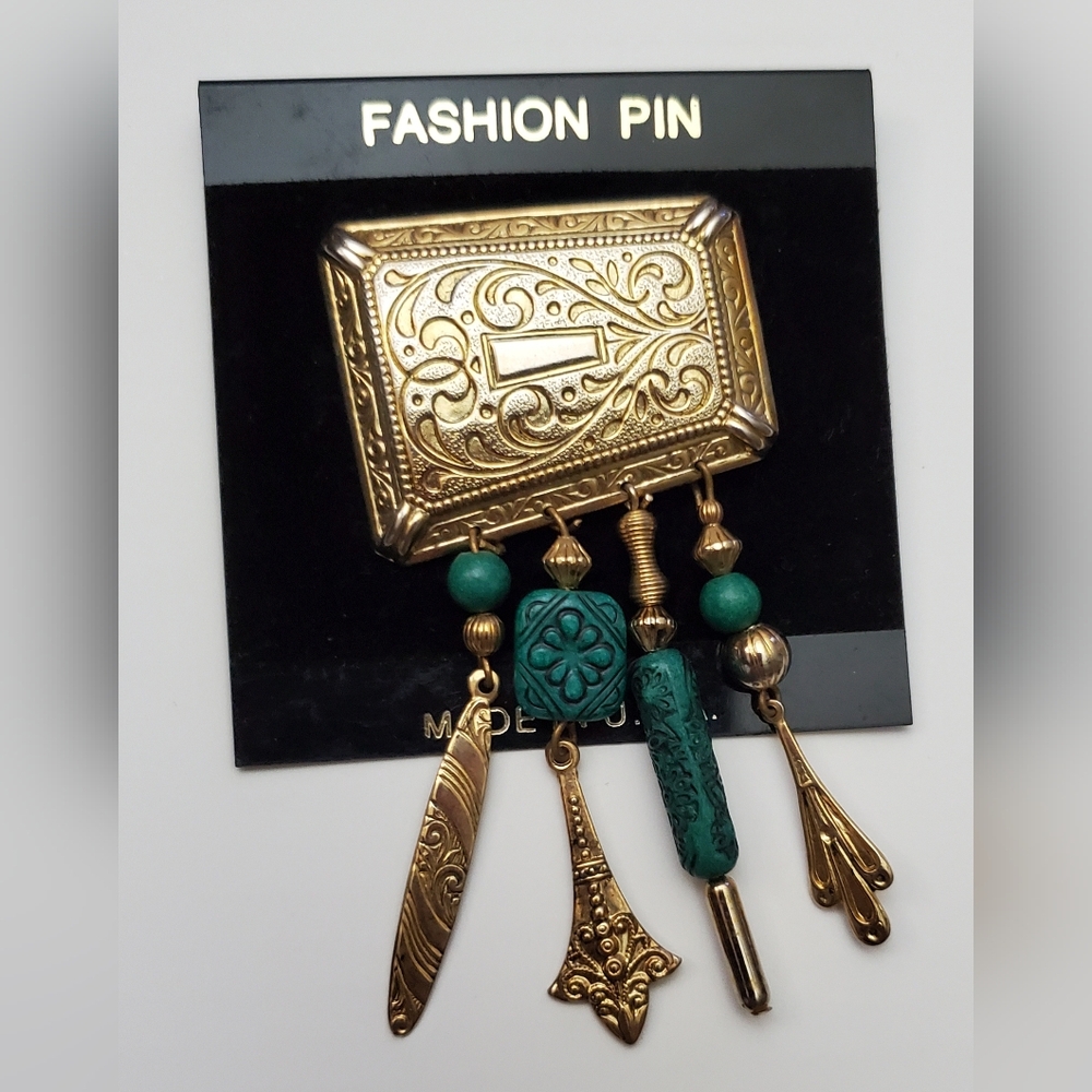 Unique Artsy Pin**Turquoise & Gold Dangles**New